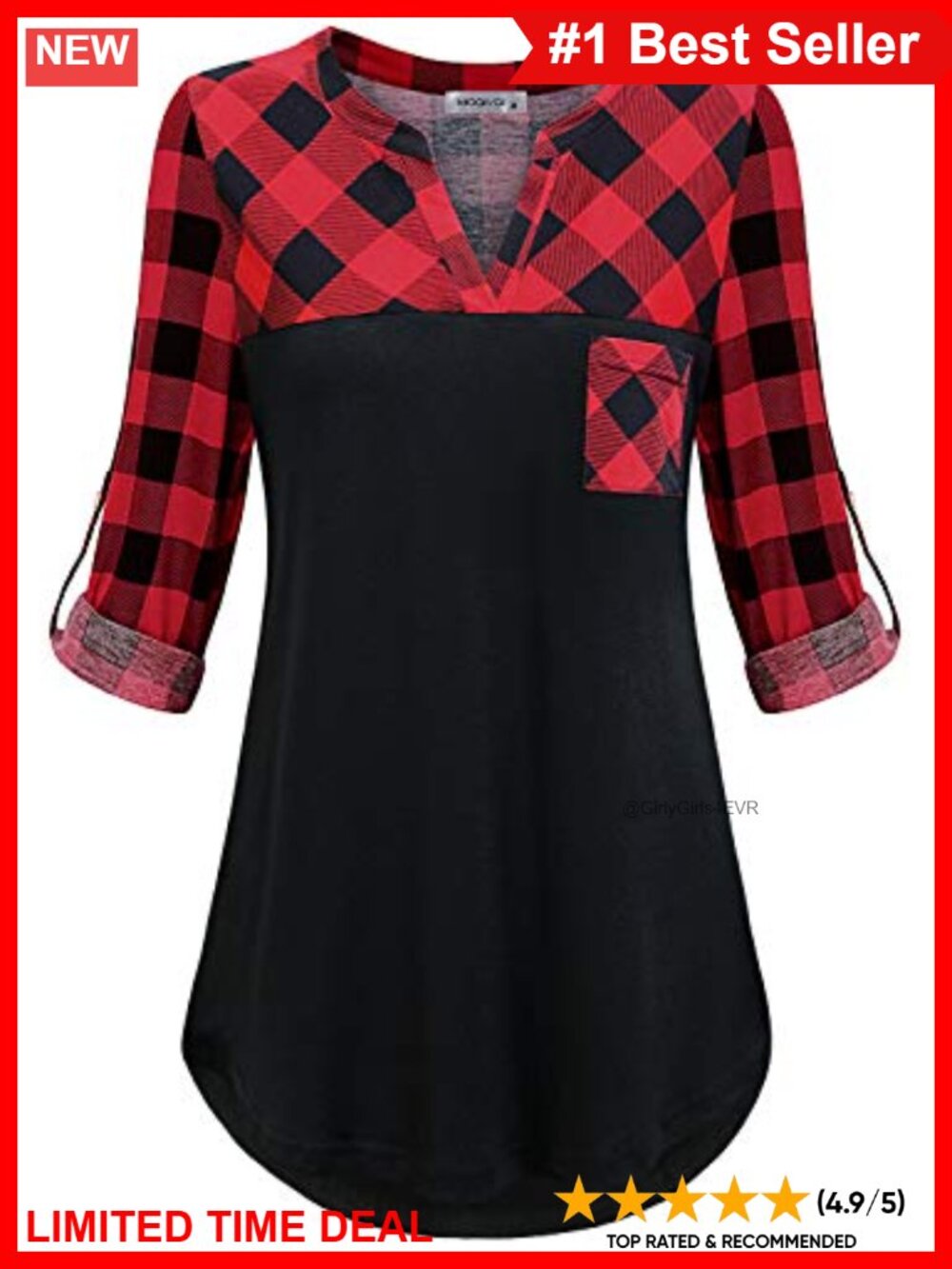 Women's Roll Tab Sleeve V Neck Patchwork Tunic Shirt Blouse with Chest Pocket